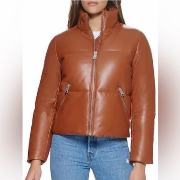 Levi's Brown Puffer Jacket with High Collar and Quilted Panels - Picture 1 of 9